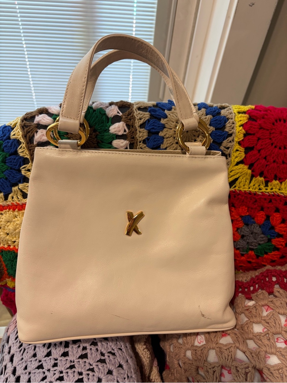 Paloma Picasso Cream Leather Top-Handle Satchel with Gold X Accent